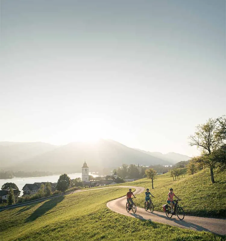Radfahrer auf E-Bikes in der Berglandschaft rund um Bad Ischl beim Grand Elisabeth Hotel Radausflug