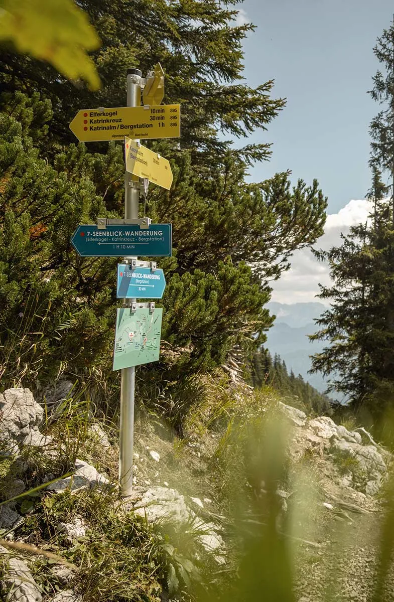 Bunte Wanderweg-Schilder in den sattgrünen Bergen des Salzkammerguts