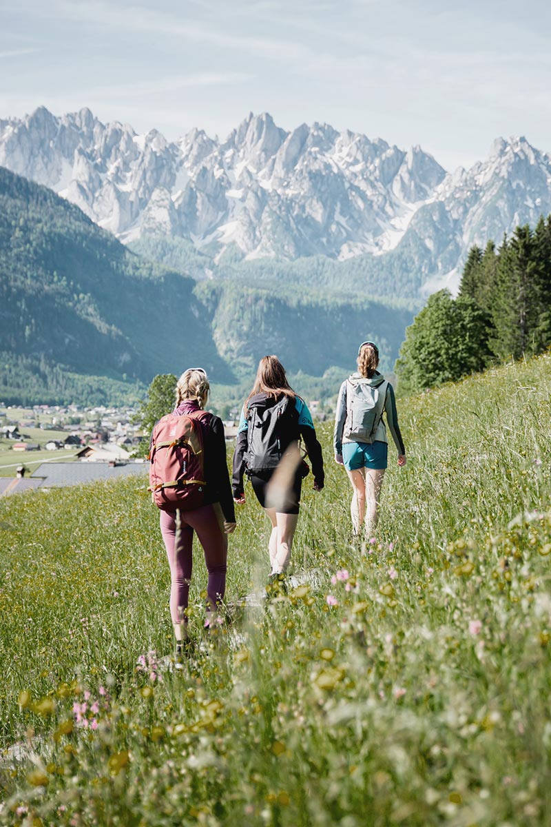 Drei Frauen wandern durch eine Wiese im Tal von Bad Ischl, im Hintergrund eine Alpenlandschaft